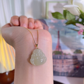 丹芙妮天i然和田玉晴水佛公吊坠女18k金扣佛牌弥勒佛笑佛玉坠青白玉