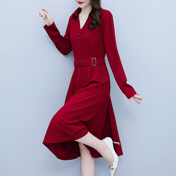法逻娅贵夫人纯色连衣裙女春秋装时尚衬衫领气质显瘦长袖裙子红色m8