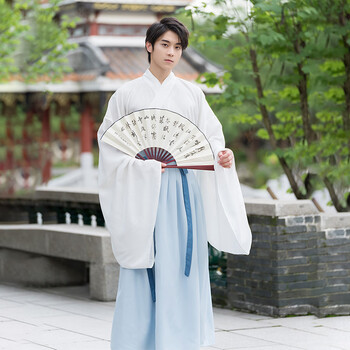 清新淡雅书生公子交领襦裙片式带孔齐腰套装白色大袖上衣浅蓝色裙子m