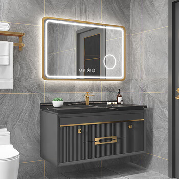 凸凸卫浴 简约洗手盆浴室柜组合落地岩板无缝陶瓷一体洗脸盆柜卫生间