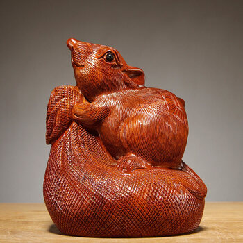 台兰仕实木雕刻生肖鼠摆件花梨动物三合生肖木鼠家居客厅装饰红木工艺