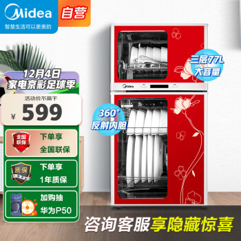 美的（Midea）消毒柜家用 立式 消毒碗柜 消毒柜碗筷 厨房餐具 消毒柜 小型 77L 二星级 80K03