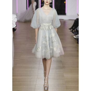 原创设计师女装女巫和骑士超仙高级灰泡泡袖绣花连衣裙2021年初秋裙子 浅灰 M