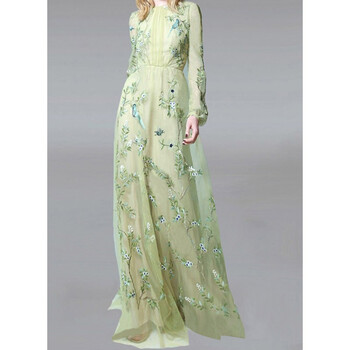 原创设计师女装女巫和骑优雅森系气质超仙重工绣花连衣裙2022春新款裙子 绿色 M