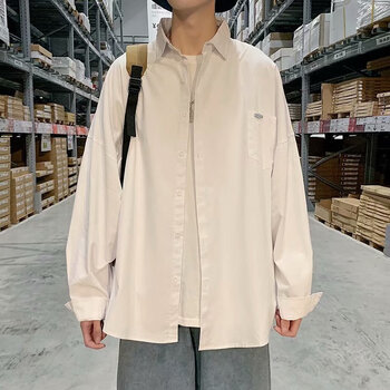 橙迹纯色衬衫男士秋季新款日系潮牌宽松长袖衬衣外套韩版潮流休闲上衣