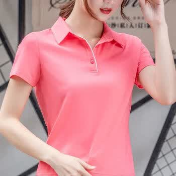 t恤女装2021新款潮翻领运动休闲短袖polo衫上衣女夏t玫红色偏粉色3xl