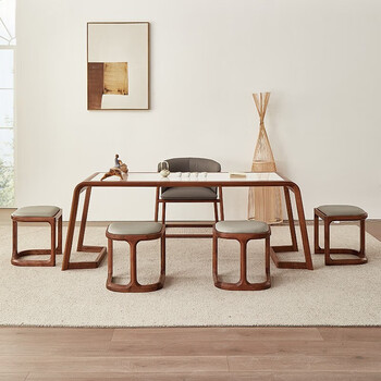 纽菲乐茶桌实木 北美黑胡桃木北欧极简茶室茶桌 岩板茶台 实木面茶台