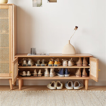 实木鞋柜家用门口入户简约现代整装大容量日式藤编储物玄关门厅柜原木