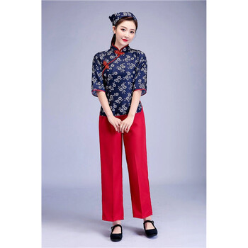 女村姑衣服民族舞蹈乡村风古装农村戏服表演出服装阿庆嫂红色长裤l