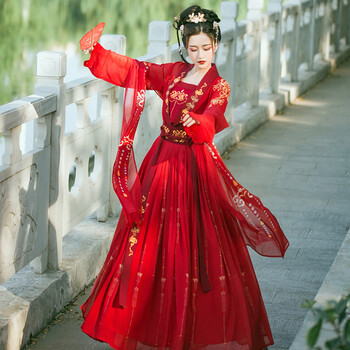 exemaba凤求凰原创汉服女中国风红色齐腰襦裙古装超仙古风新娘婚服