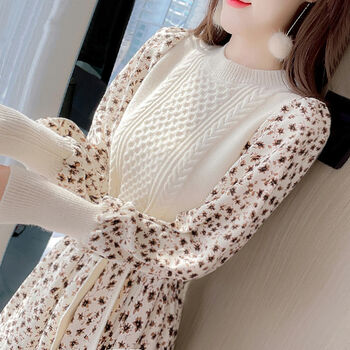 【高品质】【品牌特价】法式碎花灯芯绒针织碎花连衣裙子女装秋冬装年新款打底冬裙女 白色 S