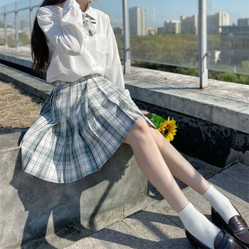 [猫耳酱jk]新款兔吉舍青箬格裙学院风半身裙百褶裙女 青箬格裙 短袖
