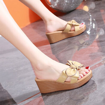 艾其乐园坡跟拖鞋女23夏季露趾防水台厚底凉拖外穿甜美蝴蝶结松糕一字