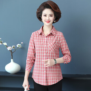 简丹诺中年妈妈夏天长袖宽松衬衫女式薄款中老年女格子衬衣春夏季40岁