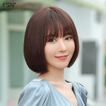 宜心假发女波波头假发真人发丝自然中长发bobo头圆脸气质自然中长发全
