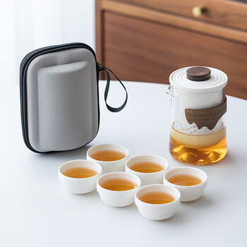 琦轩源 旅行茶具日式便携功夫茶具耐热玻璃茶壶防烫户外快客杯定制LOGO 玻璃远山一壶六杯带包-素白
