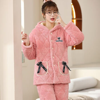 季珍菲冬季女士睡衣三层加厚珊瑚绒连帽家居服套装女装法兰绒加绒棉袄