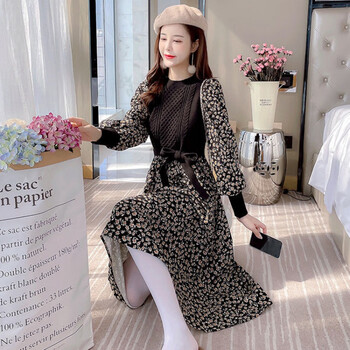 【高品质】【品牌特价】法式碎花灯芯绒针织碎花连衣裙子女装秋冬装年新款打底冬裙女 白色 S