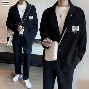 无畏前行（GQWWQX）韩版ins感炸街链条宽松西服直筒阔腿垂感两件套vibe休闲西装 Z08黑色西服+裤子 XL