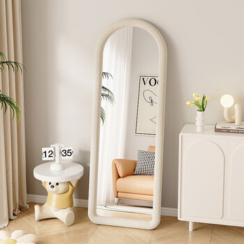千棵树全身镜落地镜家用女生卧室网红ins穿衣镜可爱公主法式奶油风镜子 【绒布包边】米白色150x40 靠墙款
