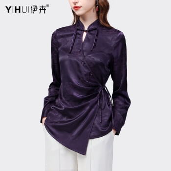 伊卉（YIHUI）设计感中式立领缎面衬衫女时尚气质收腰绑带上衣春装新款洋气小衫 紫色 3XL