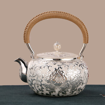 思艾格 银壶纯银999烧水壶云南纯手工足银泡茶壶纯银茶具家用牡丹煮