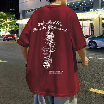 男夏季薄款玫瑰印花情侣美式纯棉宽松半袖t恤打底衫上衣服酒红色3xl