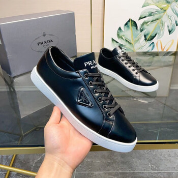 普拉达男鞋2023新款带三角标高颜值子时尚板鞋鞋 黑色黑标 38