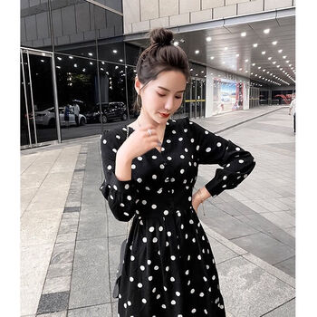 【女装新款】波点V领气质大摆长裙2021秋季新款韩版可盐可甜小邹菊碎花连衣裙 小邹菊黑色 XL 125-140斤