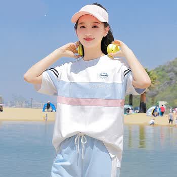 eaeovni中学生初中生高中生夏天短袖女生衣服夏天少女夏季恤女 白粉蓝