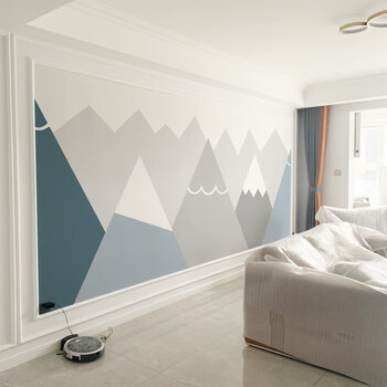 简约儿童房几何拼色墙纸男孩卧室床头浅蓝色壁布无缝环保定制墙布 (整