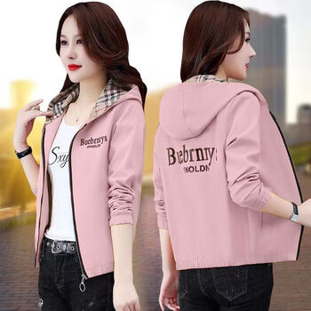 贝吉棋加绒加厚外套女短款2021春秋新款韩版宽松潮连帽夹克棒球服百搭 粉色(双层有里布) 2XL 建议115-130斤