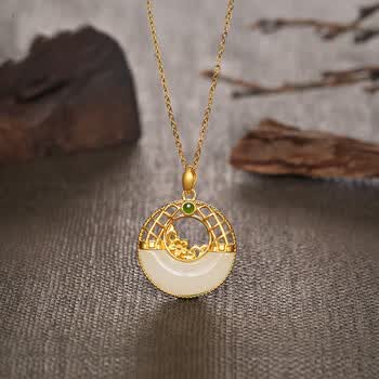 季福缘黄金平安扣吊坠女足金999镂空小众设计足金金镶玉挂坠一帆风顺