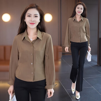 女士衬衫2023春秋女装新款宽松显瘦洋气减龄遮肉气质衬衣上衣卡其色m