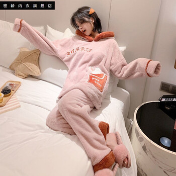 睡衣女长袖秋冬季甜美可爱女生睡衣女秋冬加厚加绒法兰绒长毛家居服
