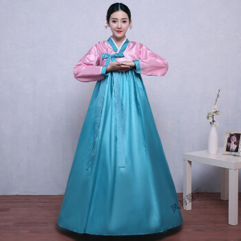少数民族服装女朝鲜族传统大长今古装舞蹈表演服韩服定制 粉衣 浅蓝裙