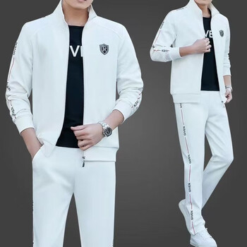 高档男式休闲套装春秋季户外运动服三件套中老年纯棉白色跑步服男白色