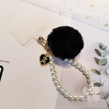 手机挂绳毛球挂件手提链子新款毛茸茸珍珠手工串链通用手机壳防丢短款
