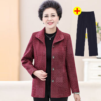 中老年人外套女春秋季奶奶装上衣新款妈妈套装老太太冬装加绒衣服 红色不加绒(上衣+裤子) XL(建议70-95斤)