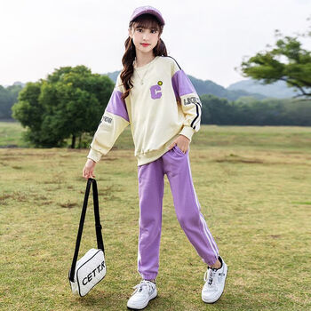 2023新洋气小学生儿童春秋款大童秋季衣服女孩运动服女童秋装套装紫色