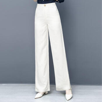 阔腿裤女夏季宽松扣腰白色棉麻长裤高腰天丝休闲薄直筒裤白色s8095
