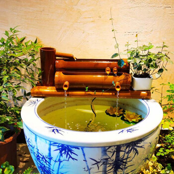 陶瓷鱼缸循环流水 鱼缸造景 落地流水摆件 老式水缸陶瓷鱼缸流水竹子