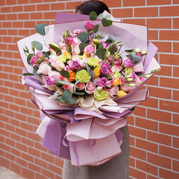 岚黛三八妇女节礼物鲜花同城配送紫玫瑰桔梗熊抱花束生日礼送妈妈长辈