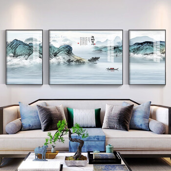 俗写山水画客厅挂画新中式装饰画沙发背景墙壁画三联画2023新款风景画