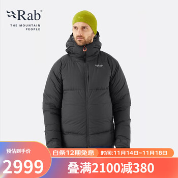 Rab 睿坡男士800蓬欧洲鹅绒连帽保暖加厚舒适高蓬羽绒服250g QDB-39 黑色/BLK L