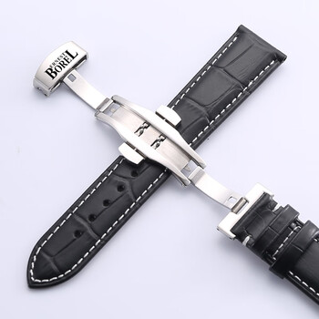 适用于依波路手表带原装牛皮 男女款 蝴蝶扣表链16/18/20mm 黑色白线银扣 20mm