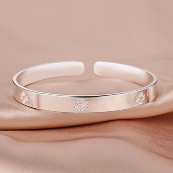 老凤祥四叶草银手镯女999开口实心简约年轻时尚银饰送女友足银镯子