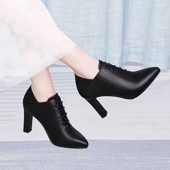 梵侈赫尔轻奢品牌细跟尖头高跟鞋女鞋2022新款春款系带黑色皮鞋不累脚