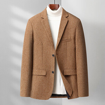 男式秋冬款西服外套中青年男简约西装纯色男式工作服西服上衣 卡其色
