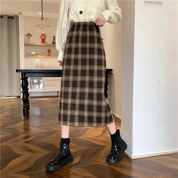 栩心冬天穿的加厚保暖中长款半身裙女士新款格子女秋冬高腰复古a字裙